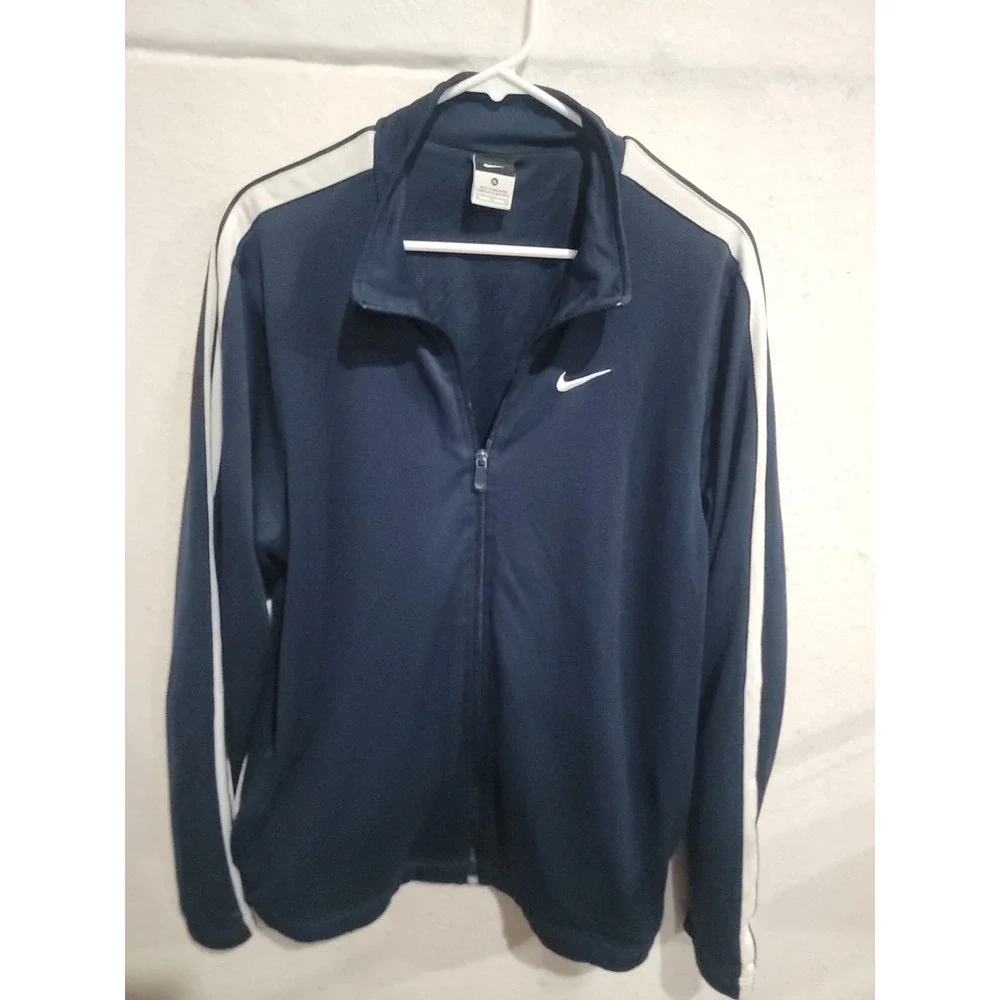 Nike Mens XL Track Jacket Navy Blue Full Zip Striped Mock Neck Training‎ 392474